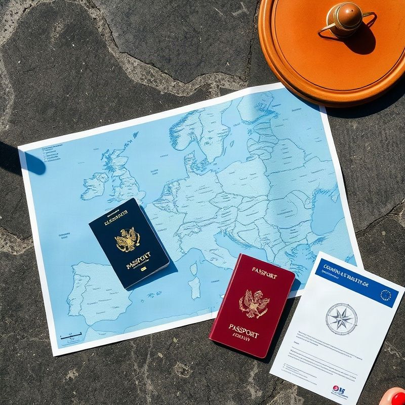 Europska karta i regulatorni dokumenti na tamnoj kamenoj podlozi sa zlatnim detaljem kompasa